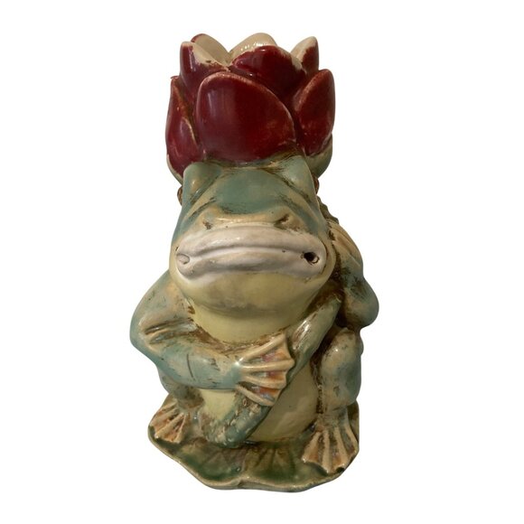 Majolica Chinese Frog Holding Lotus Flower Figurine Candle Holder - Picture 3 of 7